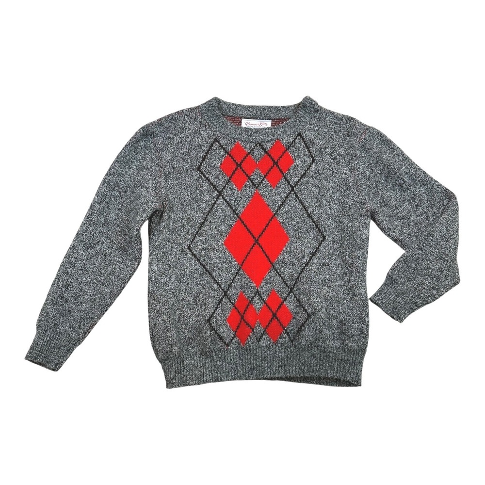 Vintage Glamour Knit Argyle Sweater Gray Red Made‎ USA 70s 80s Unisex Small